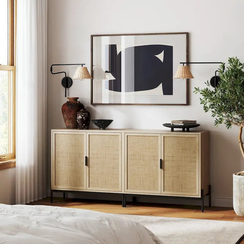 Andrew Bohemian Entryway Storage Cabinet or Kitchen Sideboard Credenza, TV Stand or Rattan Accent Cabinet with Metal Legs