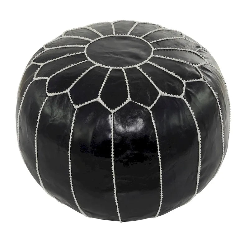 Leather Floral Moroccan Pouf with White Stitching - Black or Light Brown - Roche River Decor