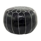 Leather Floral Moroccan Pouf with White Stitching - Black or Light Brown - Roche River Decor
