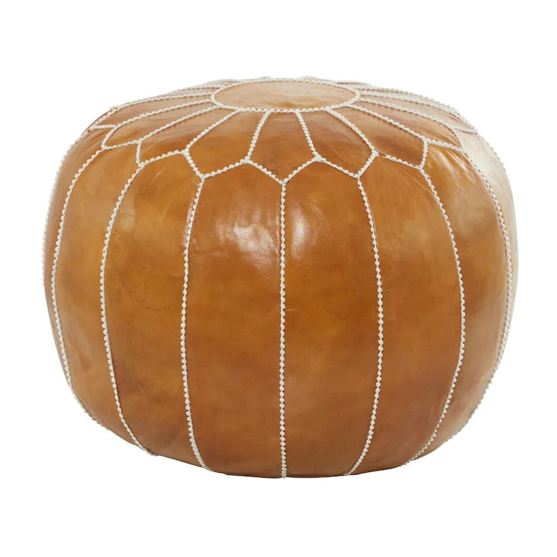 Leather Floral Moroccan Pouf with White Stitching - Black or Light Brown - Roche River Decor