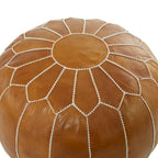 Leather Floral Moroccan Pouf with White Stitching - Black or Light Brown - Roche River Decor