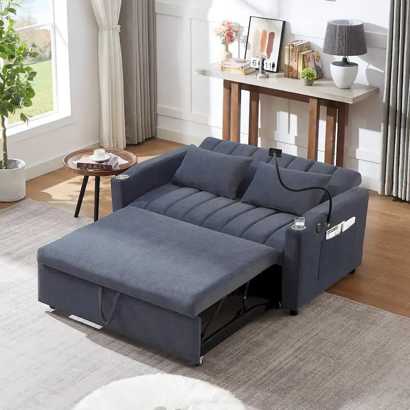Convertible Sofa Bed with USB Ports, Side Pockets and Swivel Holder