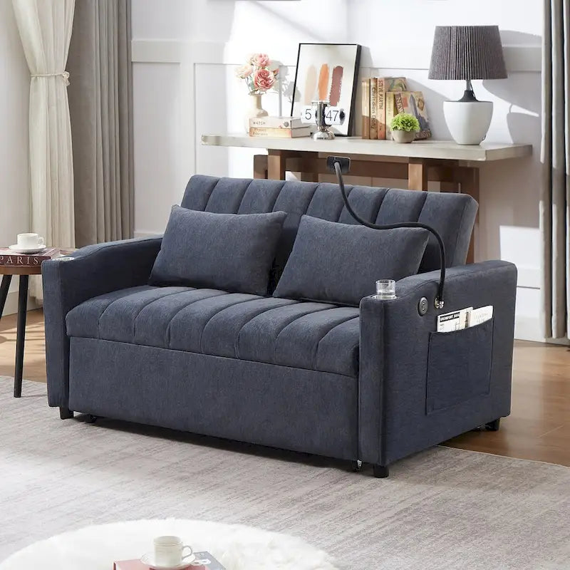 Convertible Sofa Bed with USB Ports, Side Pockets and Swivel Holder