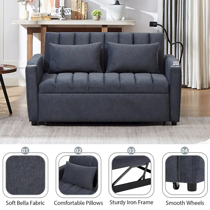 Convertible Sofa Bed with USB Ports, Side Pockets and Swivel Holder