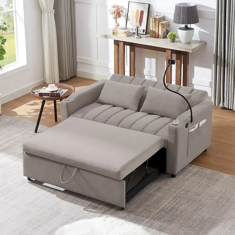 Convertible Sofa Bed with USB Ports, Side Pockets and Swivel Holder