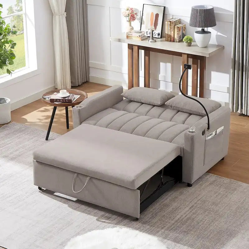 Convertible Sofa Bed with USB Ports, Side Pockets and Swivel Holder