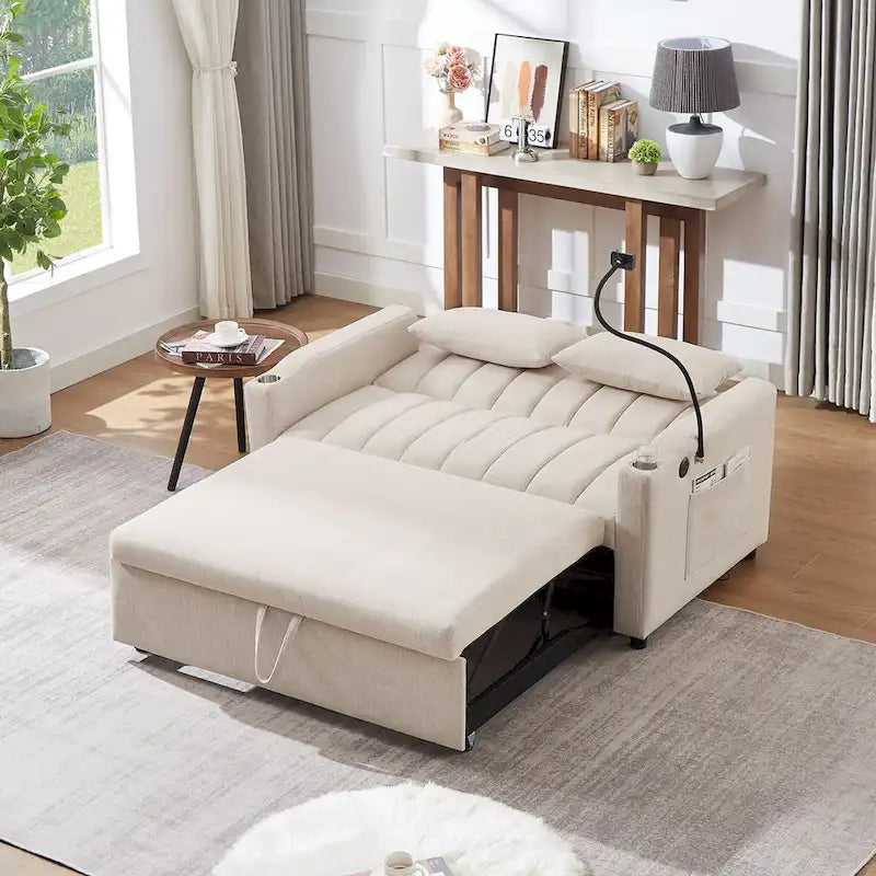 Convertible Sofa Bed with USB Ports, Side Pockets and Swivel Holder