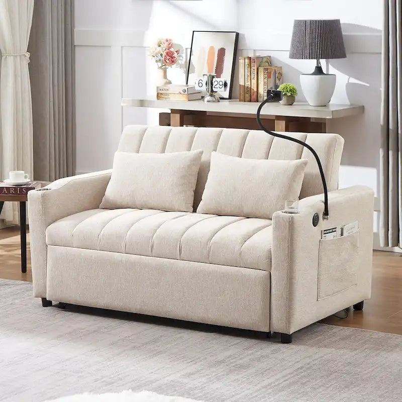 Convertible Sofa Bed with USB Ports, Side Pockets and Swivel Holder
