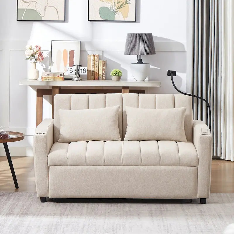 Convertible Sofa Bed with USB Ports, Side Pockets and Swivel Holder