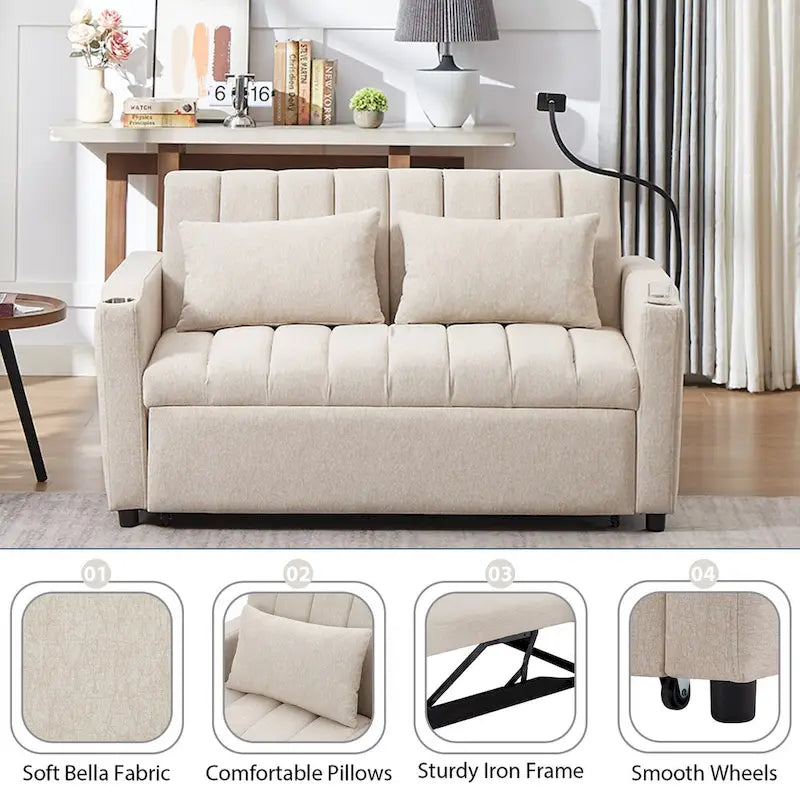 Convertible Sofa Bed with USB Ports, Side Pockets and Swivel Holder