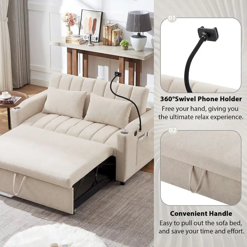 Convertible Sofa Bed with USB Ports, Side Pockets and Swivel Holder