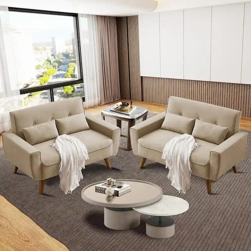 48.82 Small Tufted Loveseat Sofa 2 Set with Tapered Wood Legs