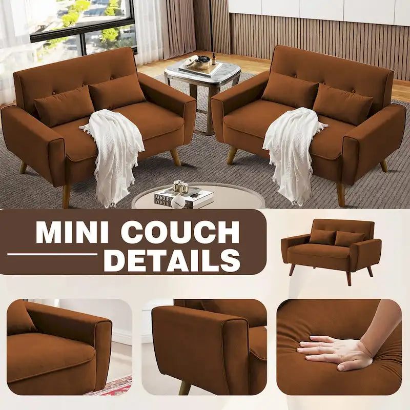 48.82 Small Tufted Loveseat Sofa 2 Set with Tapered Wood Legs