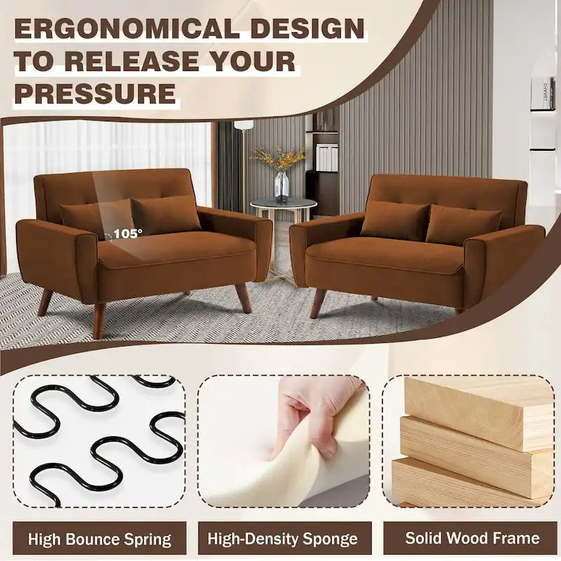 48.82 Small Tufted Loveseat Sofa 2 Set with Tapered Wood Legs