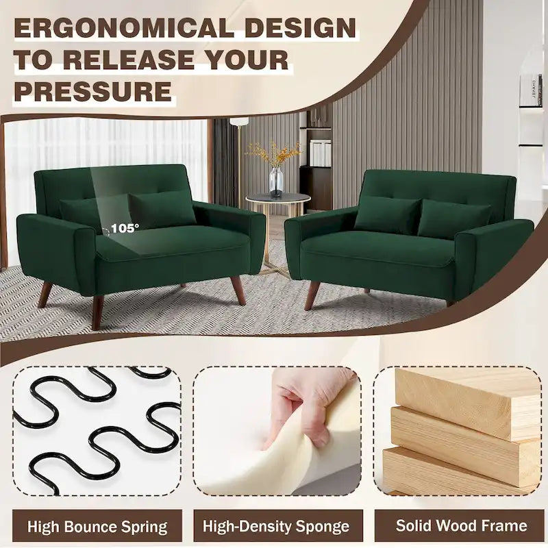 48.82 Small Tufted Loveseat Sofa 2 Set with Tapered Wood Legs