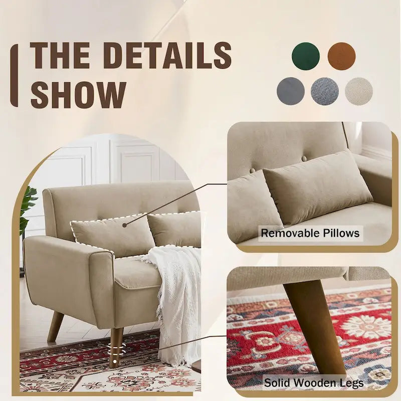 48.82 Small Tufted Loveseat Sofa 2 Set with Tapered Wood Legs