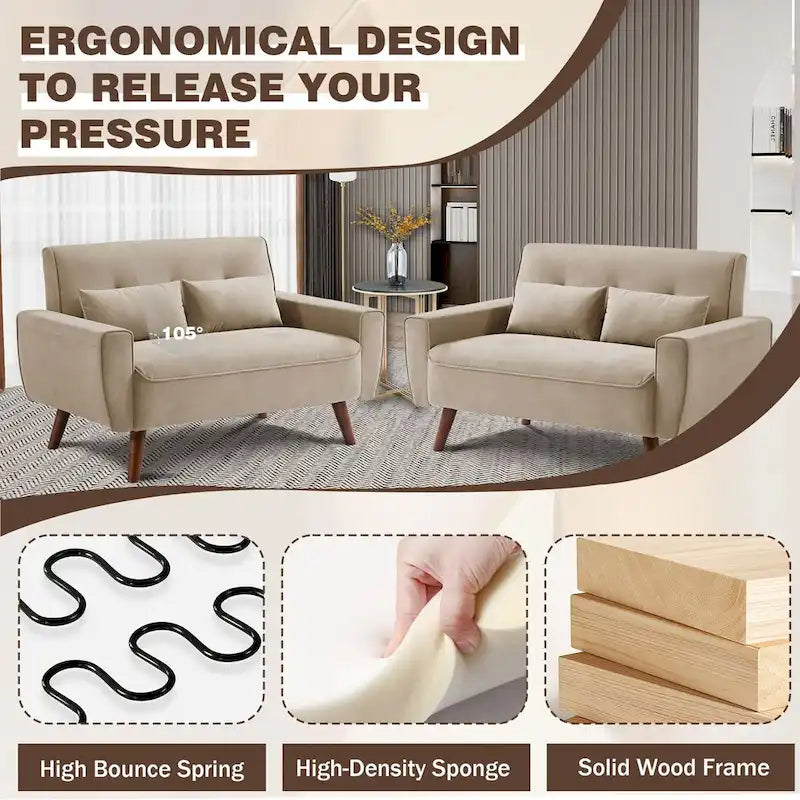 48.82 Small Tufted Loveseat Sofa 2 Set with Tapered Wood Legs