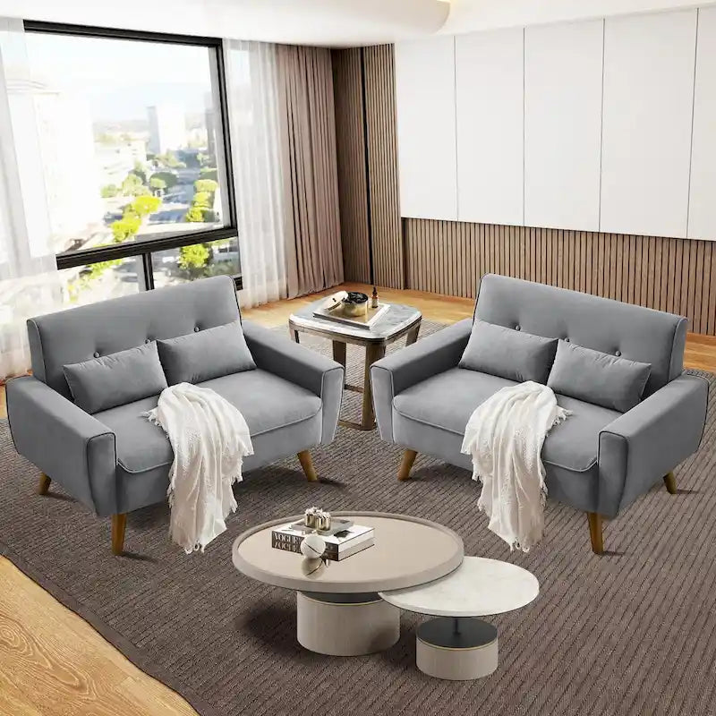 48.82 Small Tufted Loveseat Sofa 2 Set with Tapered Wood Legs