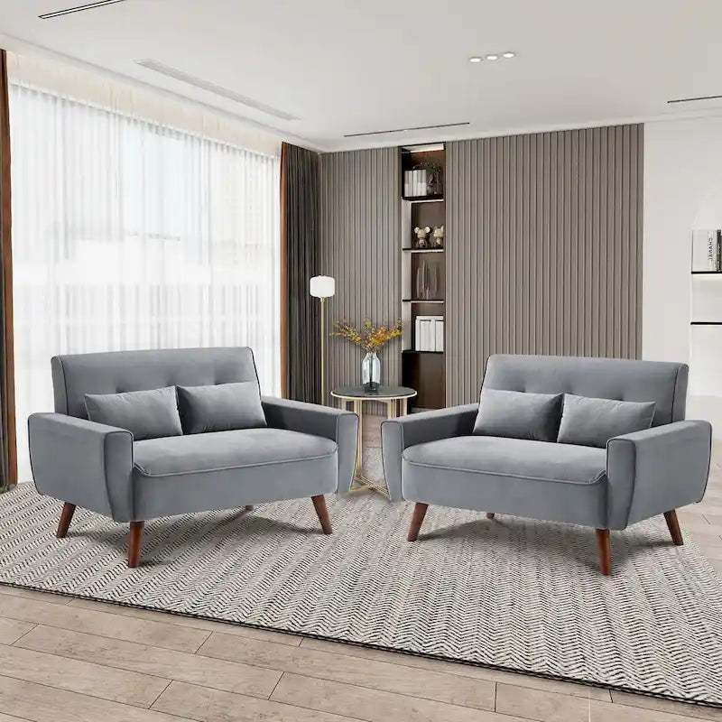 48.82 Small Tufted Loveseat Sofa 2 Set with Tapered Wood Legs