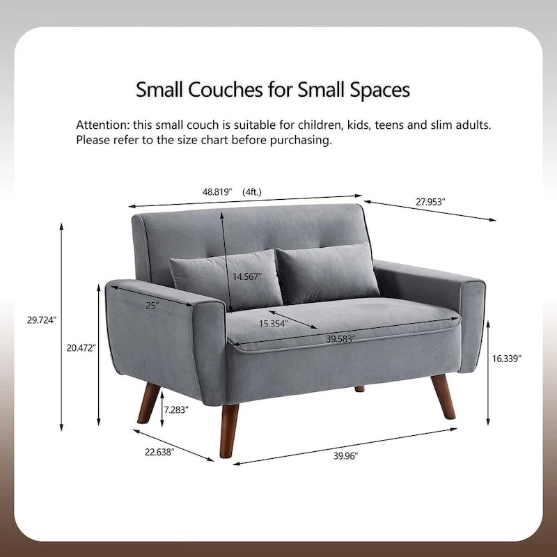 48.82 Small Tufted Loveseat Sofa 2 Set with Tapered Wood Legs