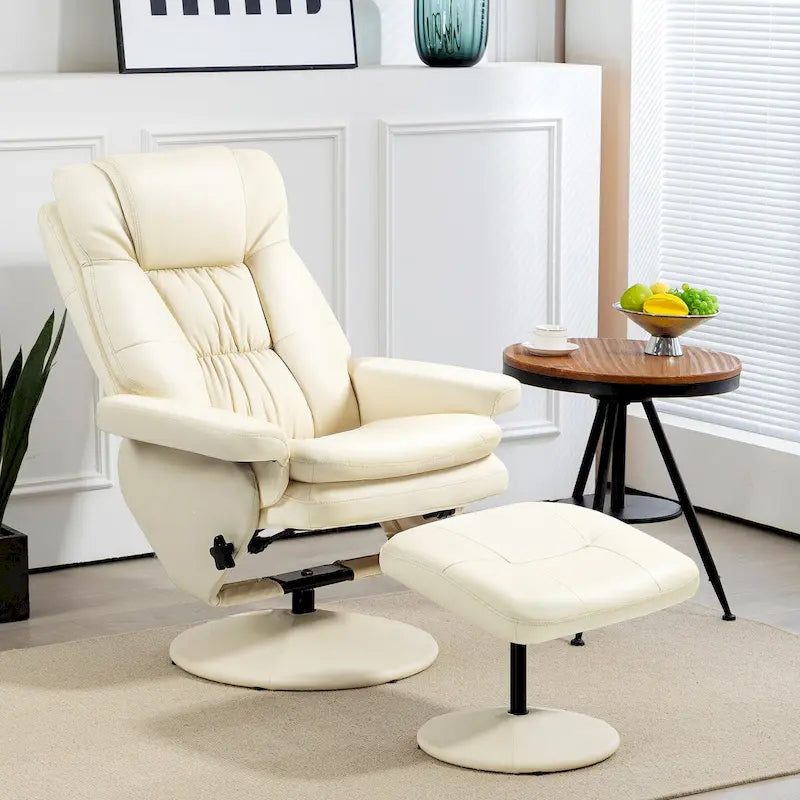 HOMCOM Swivel Recliner with Ottoman, PU Leather and Footrest with Wrapped Base, Cream White