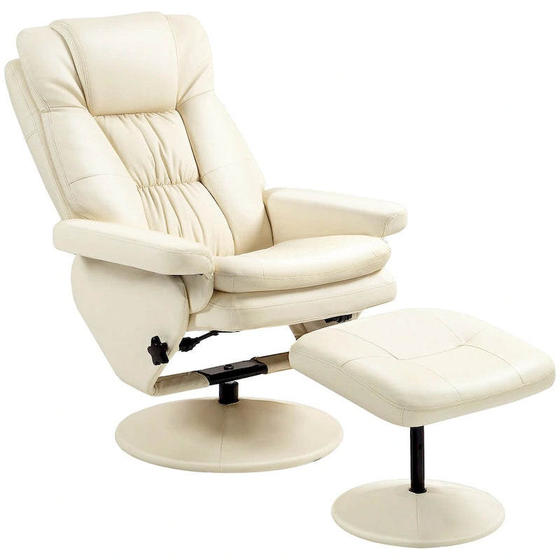 HOMCOM Swivel Recliner with Ottoman, PU Leather and Footrest with Wrapped Base, Cream White