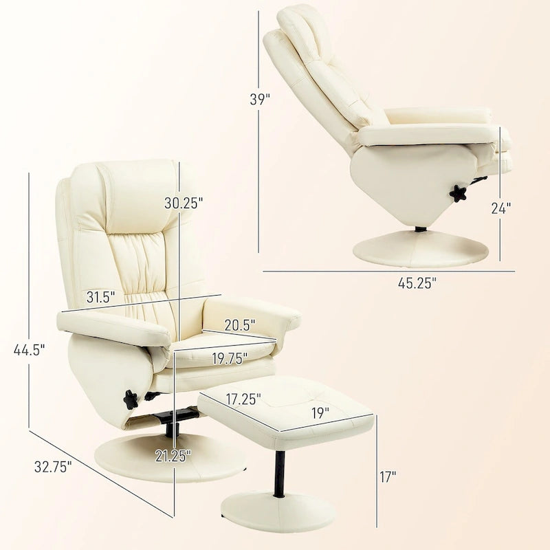 HOMCOM Swivel Recliner with Ottoman, PU Leather and Footrest with Wrapped Base, Cream White