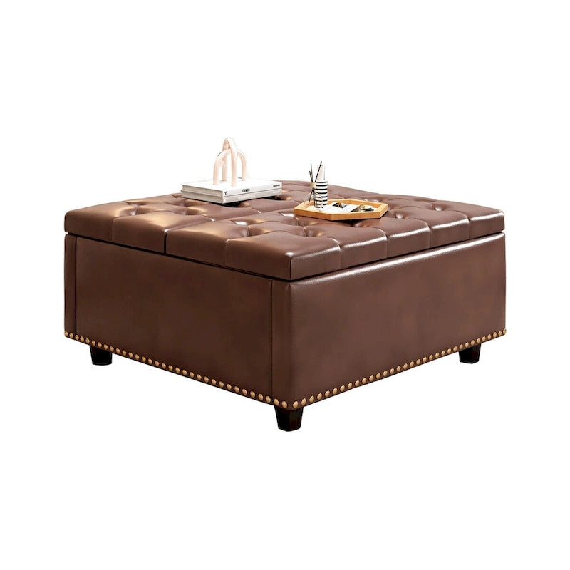 PU Leather Oversized Storage Square Chair with Storage,with Storage, Double Door Storage, Mid-Century Modern Coffee Table