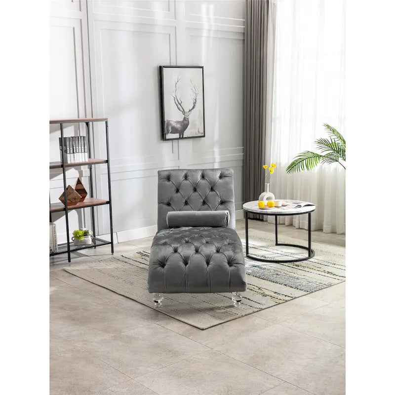 Leisure Concubine Sofa with Acrylic Feet, Traditional Chaise Velvet Barrel Sofa with Lumbar Support Pillow for Living Room