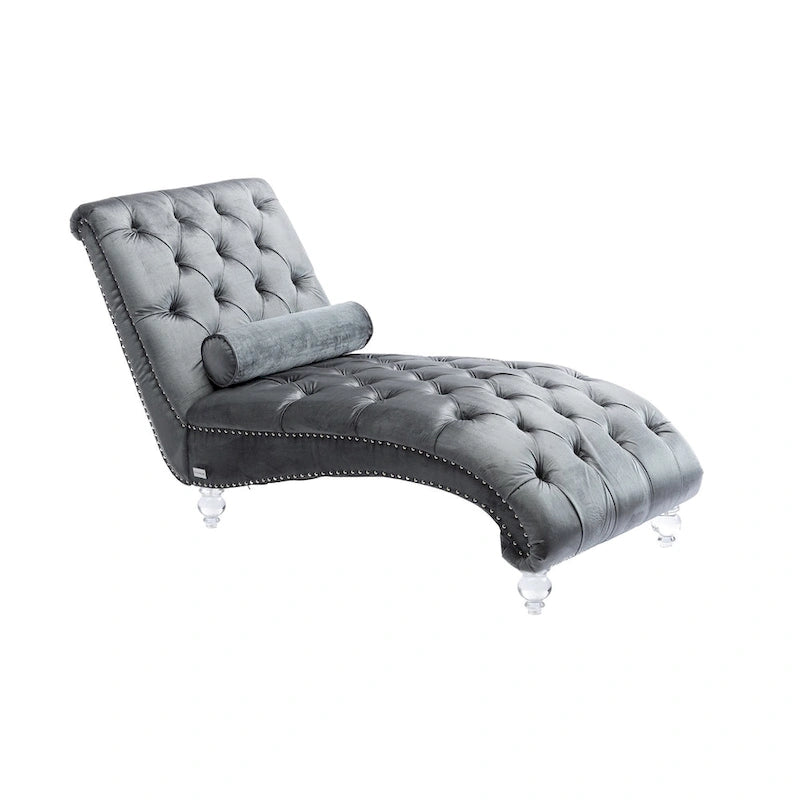 Leisure Concubine Sofa with Acrylic Feet, Traditional Chaise Velvet Barrel Sofa with Lumbar Support Pillow for Living Room