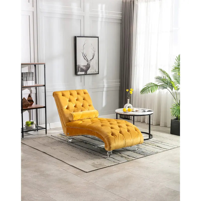 Leisure Concubine Sofa with Acrylic Feet, Traditional Chaise Velvet Barrel Sofa with Lumbar Support Pillow for Living Room
