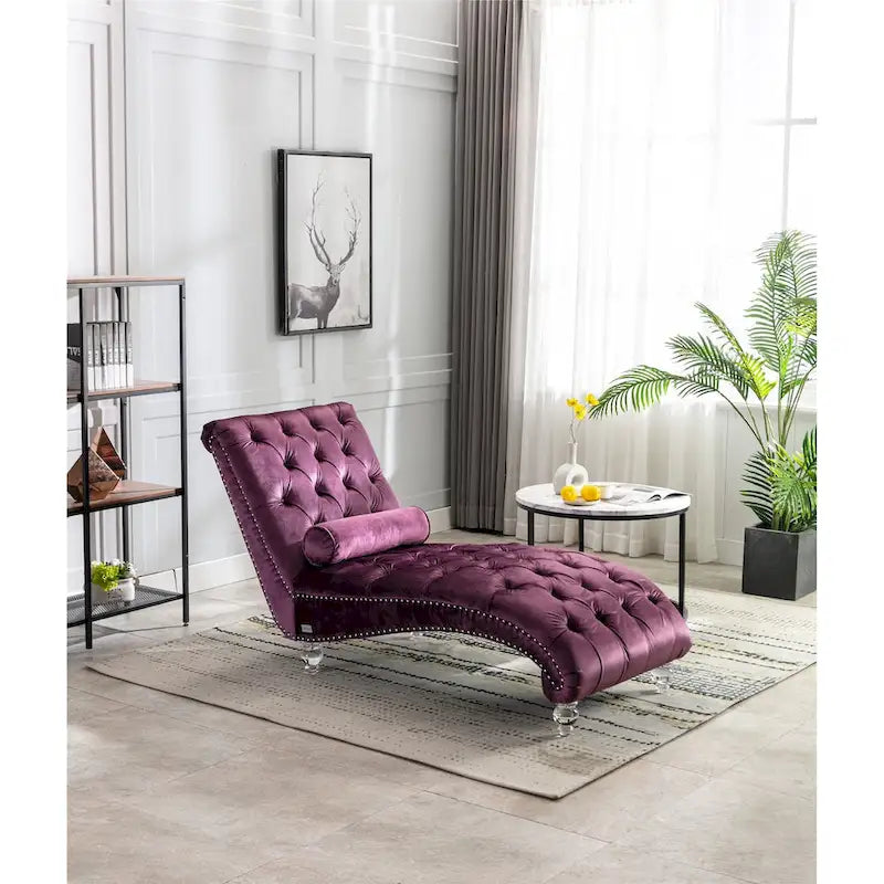 Leisure Concubine Sofa with Acrylic Feet, Traditional Chaise Velvet Barrel Sofa with Lumbar Support Pillow for Living Room