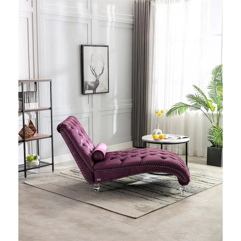 Leisure Concubine Sofa with Acrylic Feet, Traditional Chaise Velvet Barrel Sofa with Lumbar Support Pillow for Living Room
