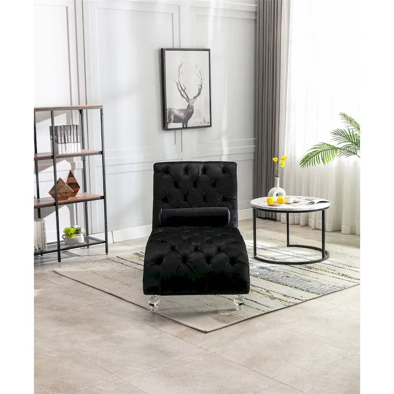 Leisure Concubine Sofa with Acrylic Feet, Traditional Chaise Velvet Barrel Sofa with Lumbar Support Pillow for Living Room