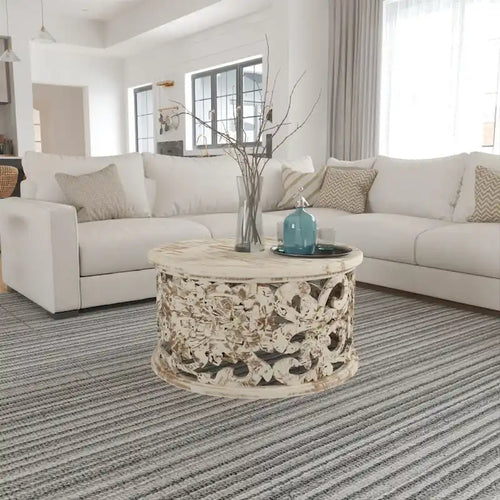 Alina Coffee Table Handcrafted Mango Wood Floral Carved Cut Out Design Distressed White Finish 33 Inch