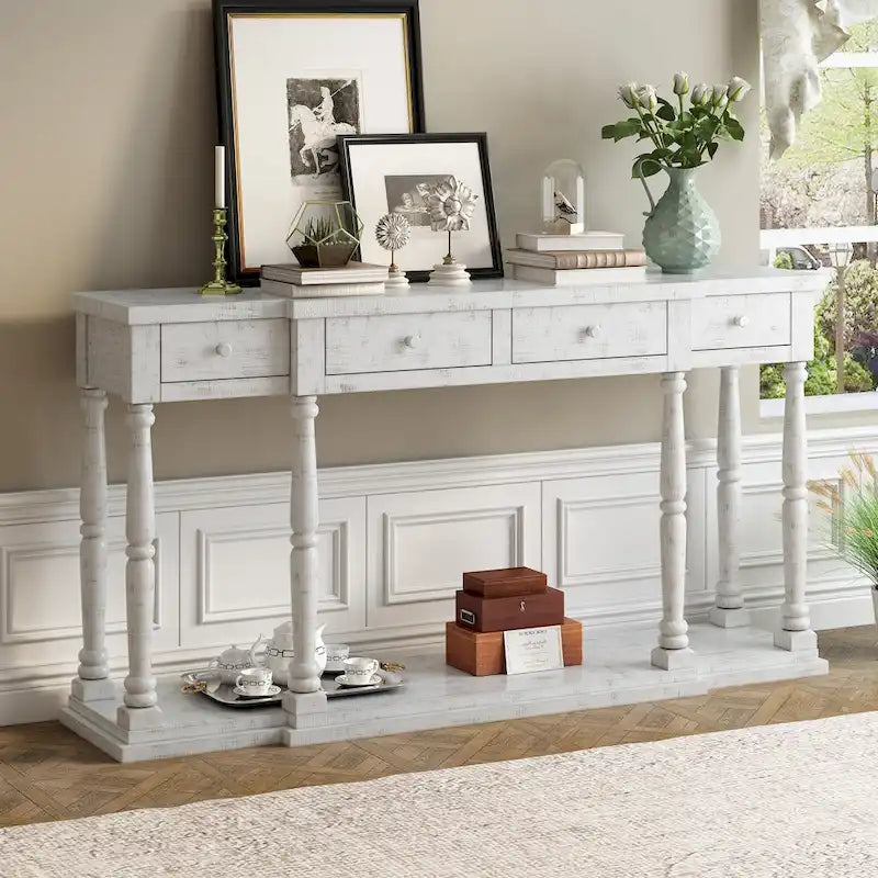 Retro Senior Console Table for Hallway Living Room Bedroom with 4 Front Facing Storage Drawers and 1 Shelf