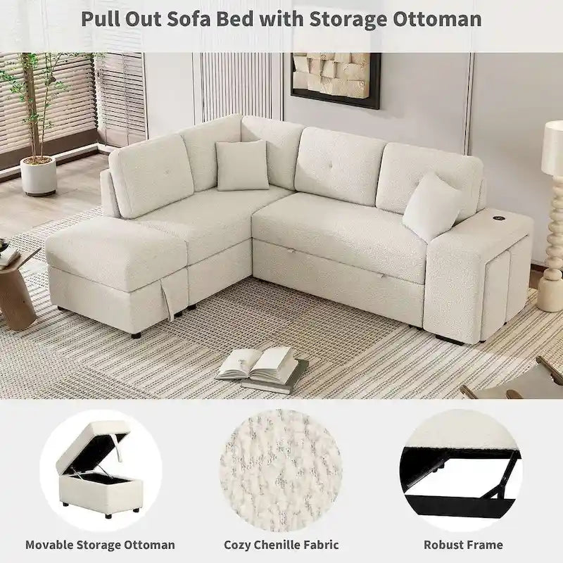 Sectional Sofa Pull Out Sofa Bed with Storage Ottoman, Convertible Sleeper for Living Room