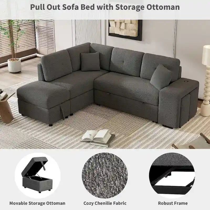 Sectional Sofa Pull Out Sofa Bed with Storage Ottoman, Convertible Sleeper for Living Room