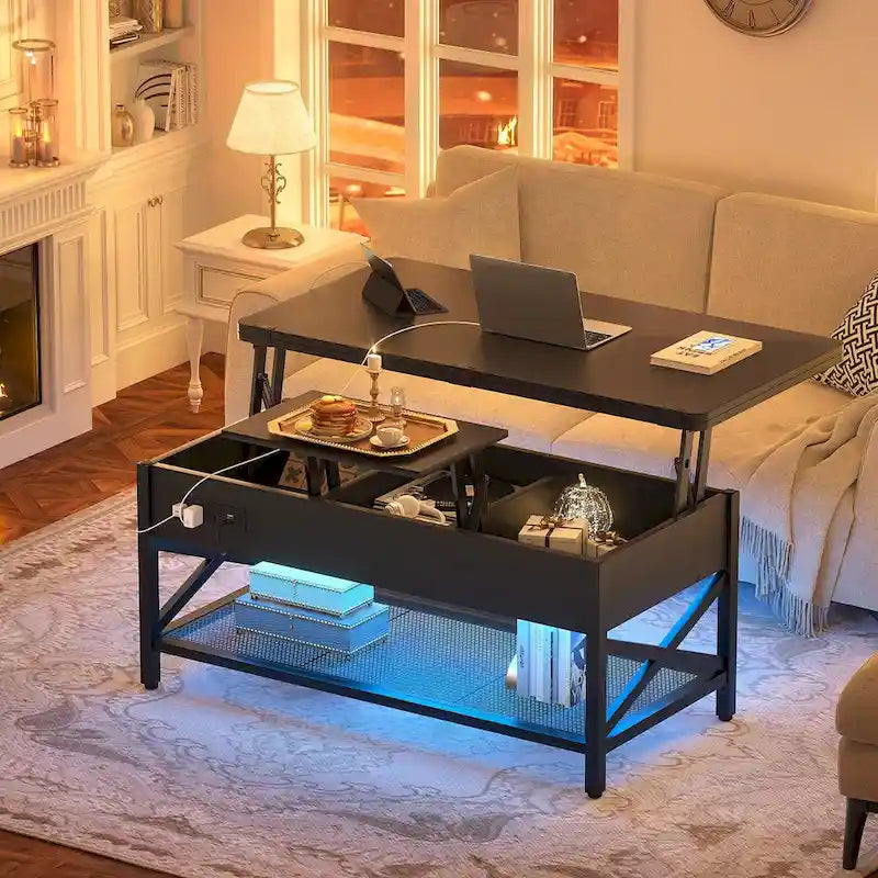 Modern Black Expandable Lift Top Coffee Table Converts to Dining Table with LED Light and Power Outlet