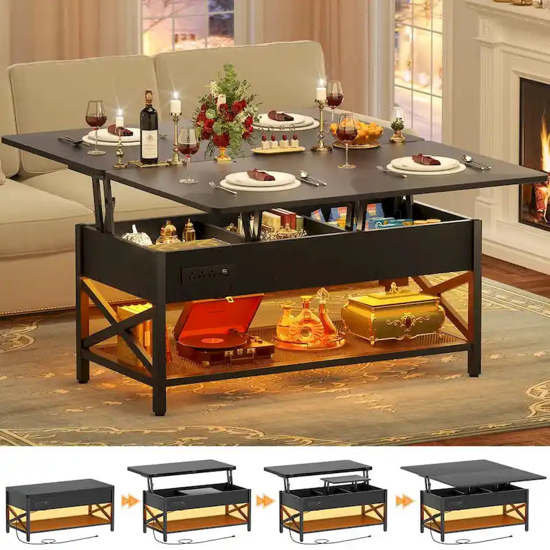 Modern Black Expandable Lift Top Coffee Table Converts to Dining Table with LED Light and Power Outlet