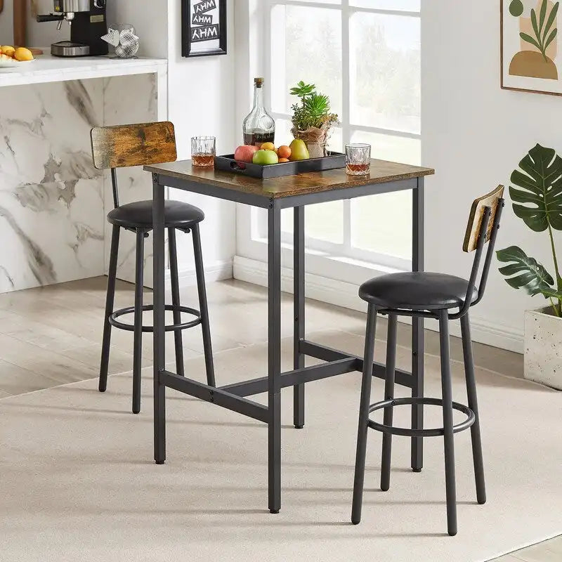 Eureka Industrial Bar Table Set, 3-Piece Dining Table and PU Upholstered Stools Set, Small Counter Height Pub Bistro Table Set