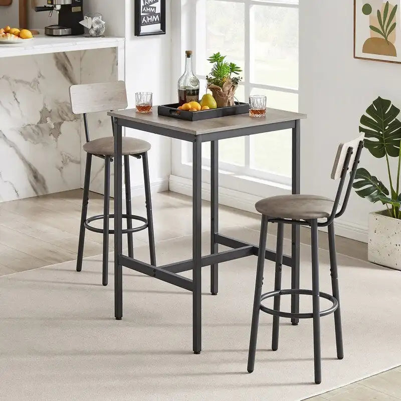 Eureka Industrial Bar Table Set, 3-Piece Dining Table and PU Upholstered Stools Set, Small Counter Height Pub Bistro Table Set