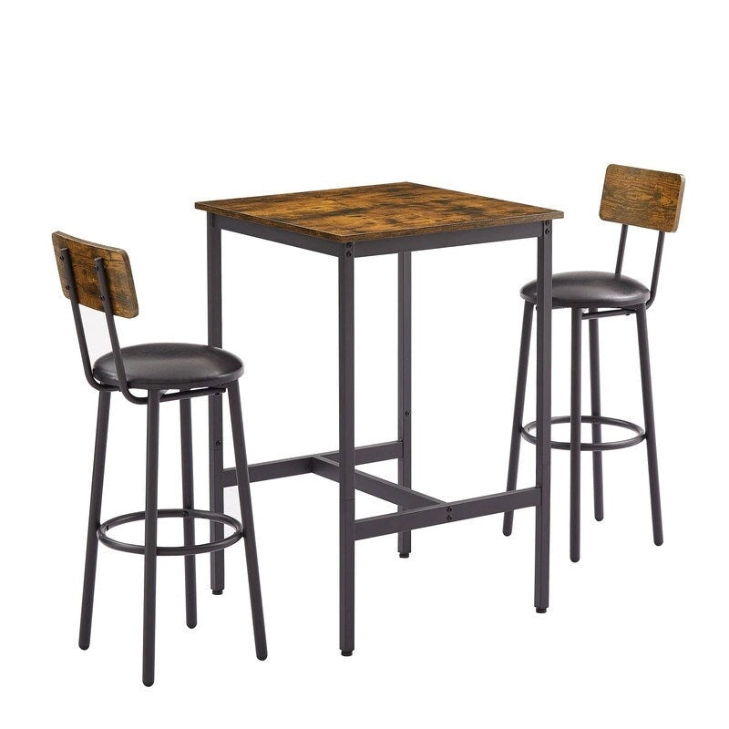 Eureka Industrial Bar Table Set, 3-Piece Dining Table and PU Upholstered Stools Set, Small Counter Height Pub Bistro Table Set