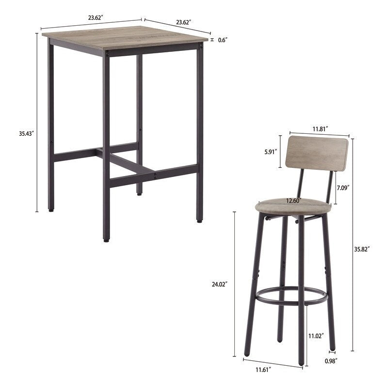Eureka Industrial Bar Table Set, 3-Piece Dining Table and PU Upholstered Stools Set, Small Counter Height Pub Bistro Table Set