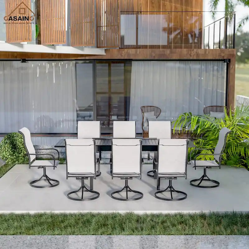 9 Piece Metal Frame Patio Dining Set, Aluminum Extendable Dining Table