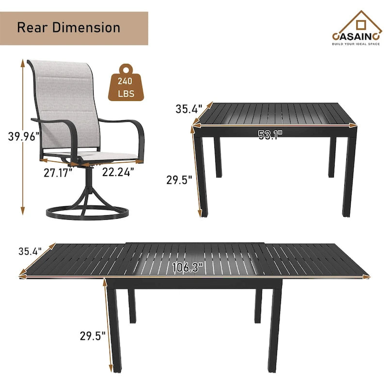 9 Piece Metal Frame Patio Dining Set, Aluminum Extendable Dining Table
