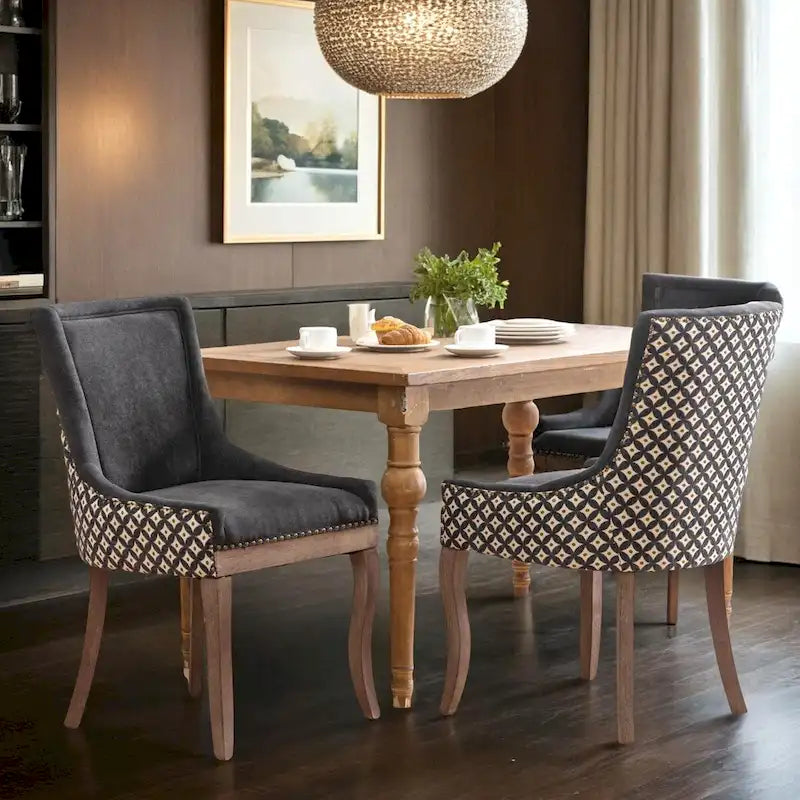 Ultra Side Dining Chair, Thickened fabric chairs with neutrally toned solid wood legs, Bronze nail head, Set of 2