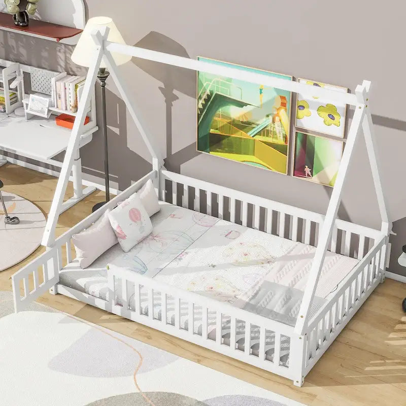 Full Size Tent-shaped Floor Bed with Guardrails, Slats, and Door