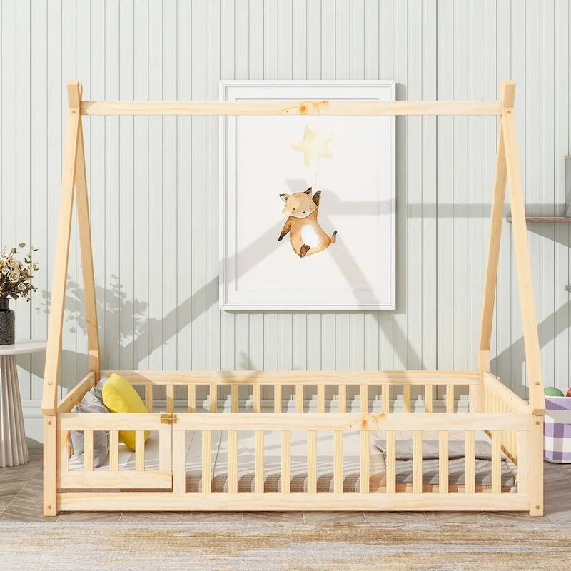 Full Size Tent-shaped Floor Bed with Guardrails, Slats, and Door