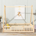 Full Size Tent-shaped Floor Bed with Guardrails, Slats, and Door